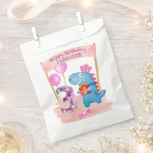 Personalized Cute Girly Dinosaur 3 Years Birthday Favour Bag (Clipped)