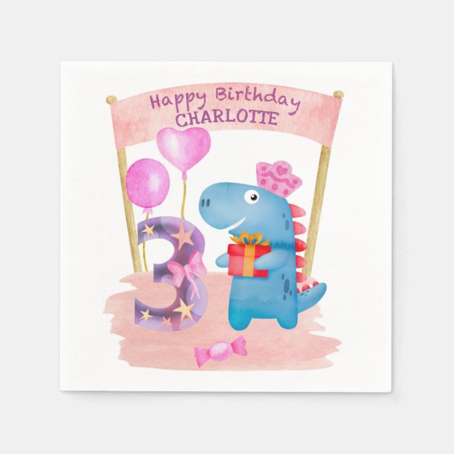 Personalized Cute Girly Dinosaur 3 Years Birthday Napkin (Front)