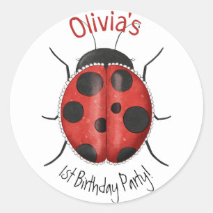 Personalized Cute Girly LadyBug 1st Birthday  Classic Round Sticker