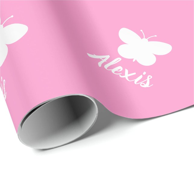 Personalized cute girly pink butterfly pattern wrapping paper (Roll Corner)
