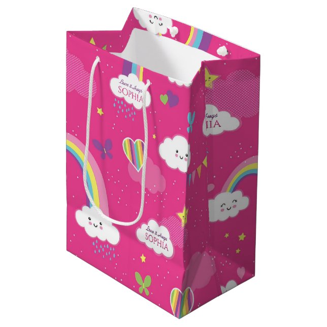 Personalized Cute Girly Pink Rainbow & Skies Medium Gift Bag (Front Angled)