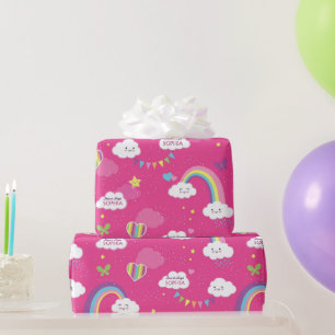 Personalized Cute Girly Pink Rainbow & Skies Wrapping Paper