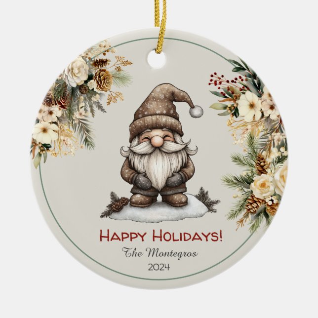 Personalized Cute Gnome Family Photo Holiday  Ceramic Ornament (Front)
