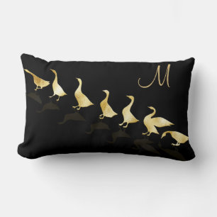 Personalized Cute Gold Foil Geese Black Lumbar Pillow