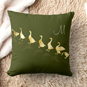 Personalized Cute Gold Foil Geese Dark Sage Green Lumbar Pillow