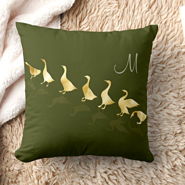 Personalized Cute Gold Foil Geese Dark Sage Green Lumbar Pillow (Creator Uploaded)