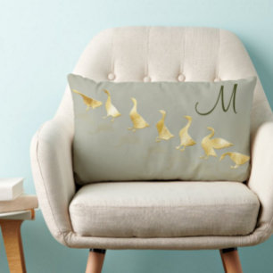 Personalized Cute Gold Foil Geese Pale Sage Green Lumbar Pillow