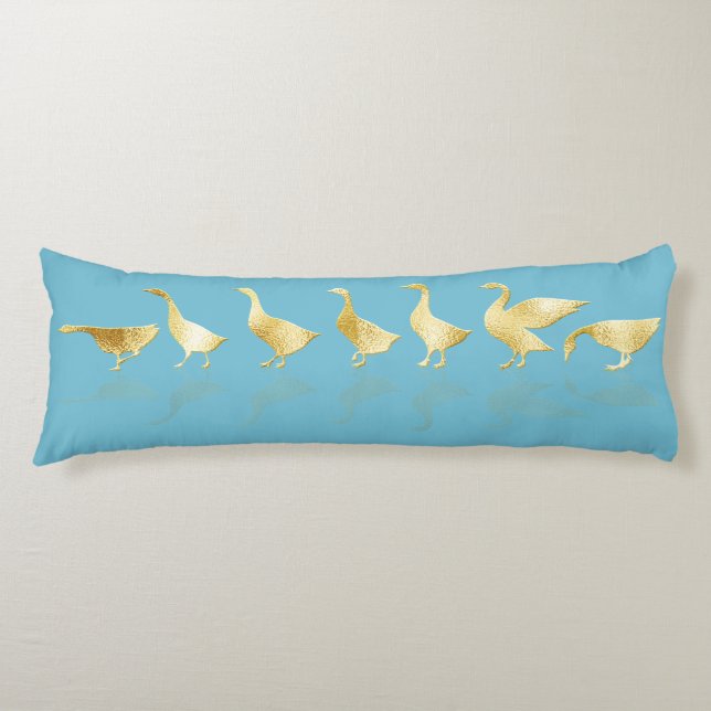 Personalized Cute Gold Foil Geese Pretty Blue Body Pillow (Front)
