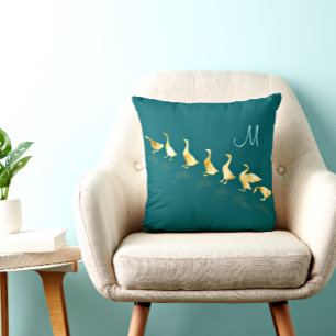 Personalized Cute Gold Foil Geese Teal Aqua Lumbar Pillow