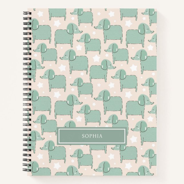 Personalized Cute Green Animal Elephant Pattern Notebook (Front)