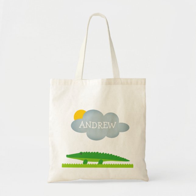 Personalized cute green crocodile kid's tote bag (Front)