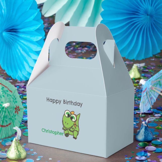 Personalized cute green dinosaurs blue birthday favor box (Party)
