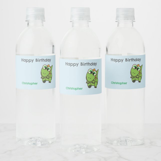 Personalized cute green dinosaurs blue birthday water bottle label (Bottles)