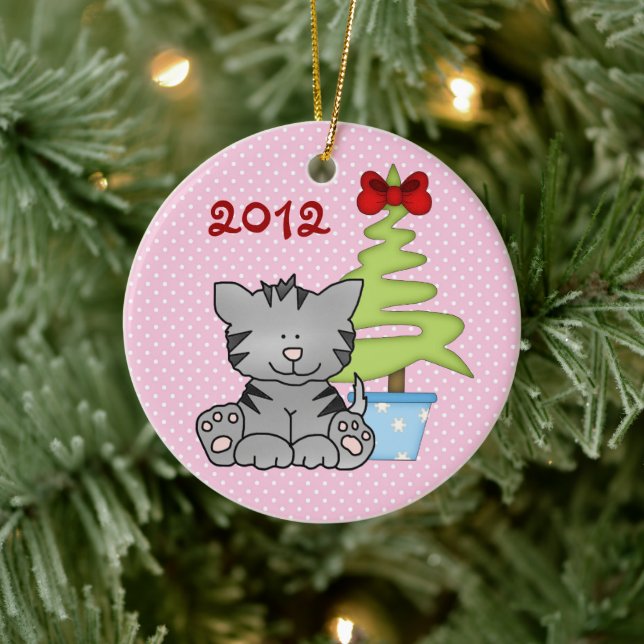 Personalized Cute Grey Cat with Christmas Tree Ceramic Ornament (Tree)