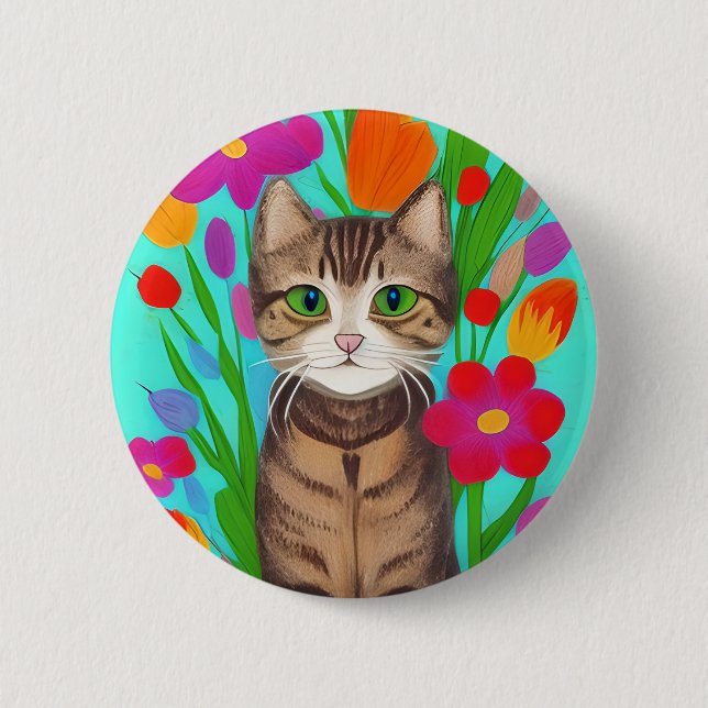 Personalized Cute Grey Cat with Colourful Flowers 2 Inch Round Button (Front)