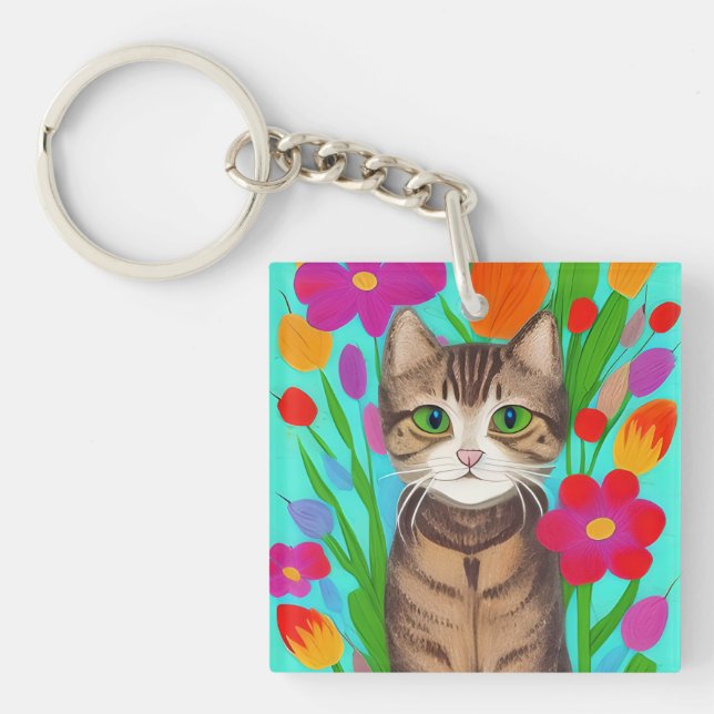 Personalized Cute Grey Cat with Colourful Flowers Keychain (Front)