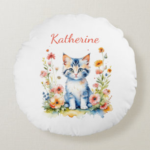 Personalized Cute Grey Kitten Nursery Room Art Round Pillow