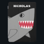 Personalized Cute Grey Shark Kids Modern Fish iPad Pro Cover<br><div class="desc">Personalized Cute Grey Shark Kids Modern Fish iPad Smart Cover. Edit to change background colour or font colour. Grey shark with sharp teeth on a black background with name above in fun white font.  Cute killer shark ocean themed electronic accessories.</div>