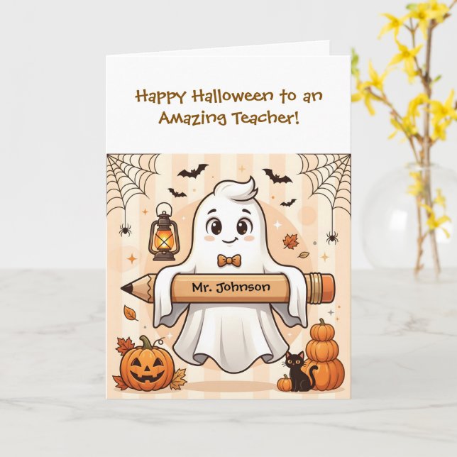 Personalized Cute Halloween Ghost Teacher Greeting Card (Yellow Flower)