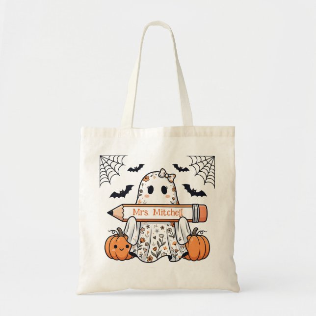 Personalized Cute Halloween Ghost Teacher Tote Bag (Front)