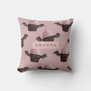 Personalized Cute Halloween Spooky Bat Cupcake Throw Pillow