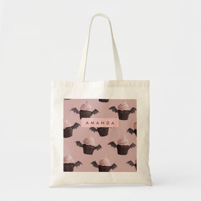 Personalized Cute Halloween Spooky Bat Cupcake Tote Bag (Front)