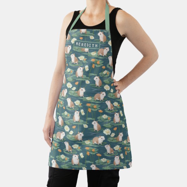 Personalized Cute Hamster on Lily Pad Pattern Apron (Insitu)
