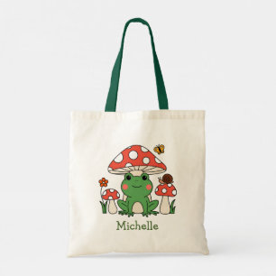 Personalized Cute Happy Green Frog and Mushrooms   Tote Bag