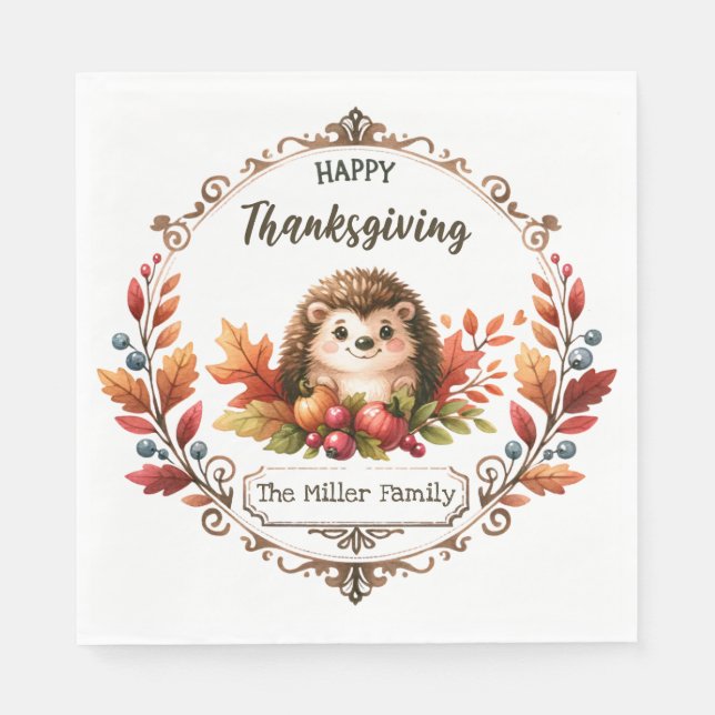 Personalized Cute Hedgehog Happy Thanksgiving  Napkin (Front)