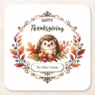 Personalized Cute Hedgehog Happy Thanksgiving  Square Paper Coaster