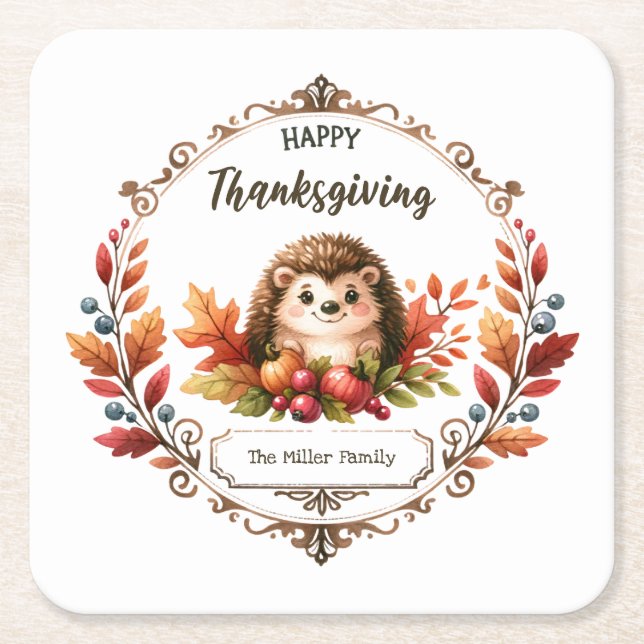 Personalized Cute Hedgehog Happy Thanksgiving  Square Paper Coaster (Front)