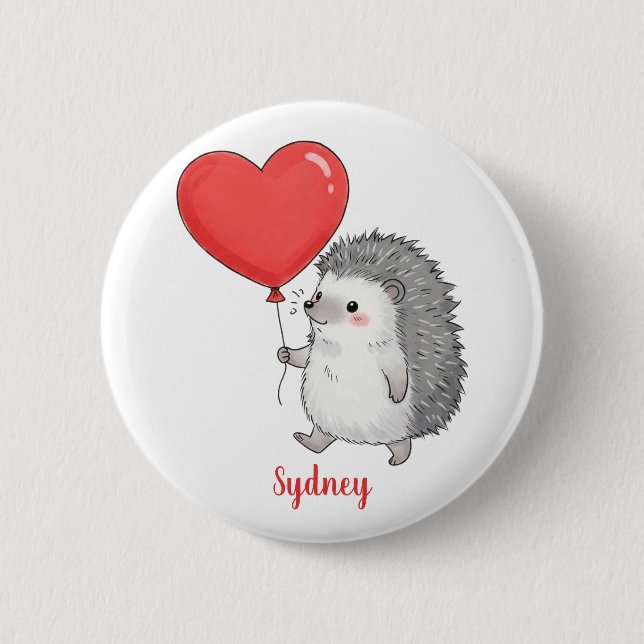 Personalized Cute Hedgehog with Heart Balloon 2 Inch Round Button (Front)