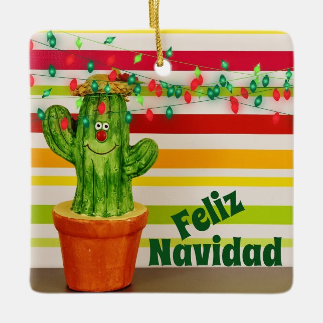 Personalized Cute Holiday Cactus Feliz Navidad Ceramic Ornament (Front)