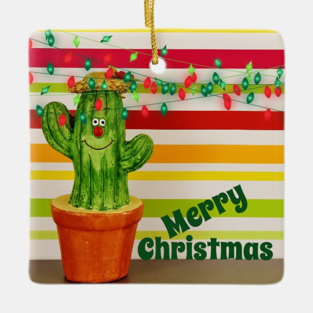 Personalized Cute Holiday Cactus Merry Christmas Ceramic Ornament (Front)