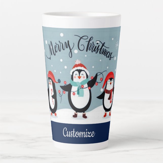 Personalized Cute Holiday Penguins Latte Mug (Front)