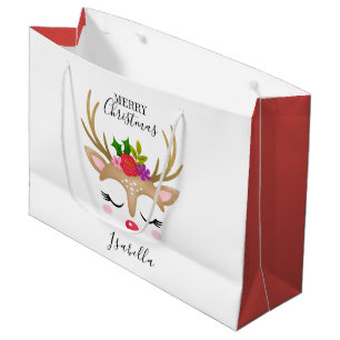 Personalized Cute Holiday Reindeer Face Christmas Large Gift Bag