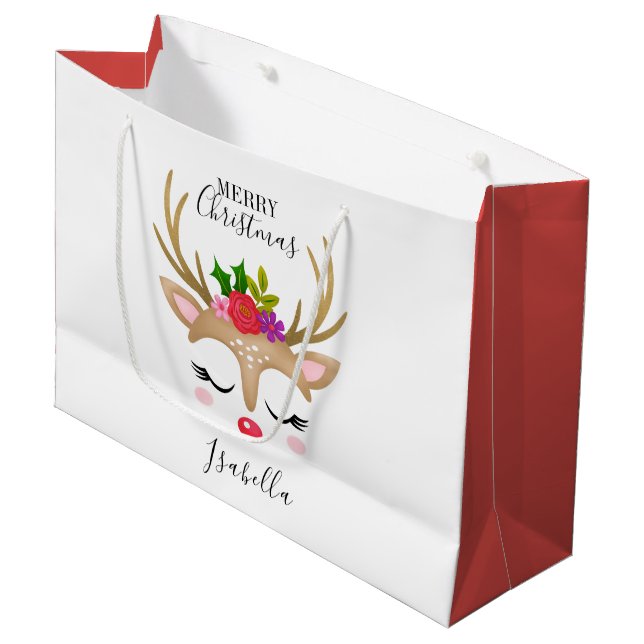 Personalized Cute Holiday Reindeer Face Christmas Large Gift Bag (Front Angled)