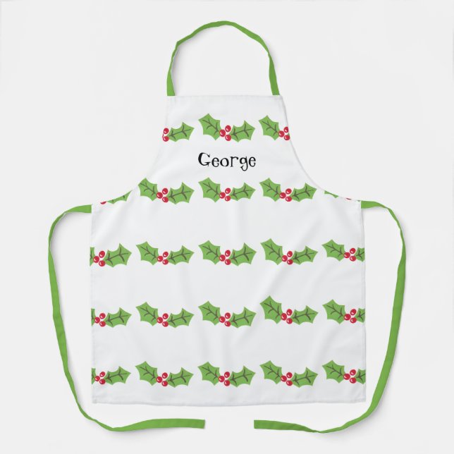 Personalized Cute Holly & Berries Christmas Apron (Front)