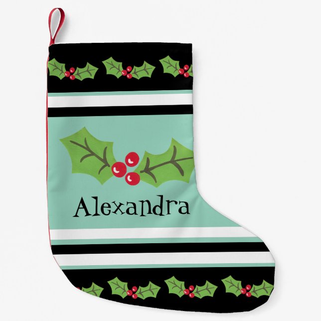 Personalized Cute Holly & Berries Small Christmas Stocking (Front)