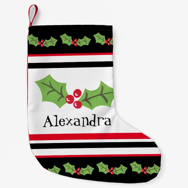 Personalized Cute Holly & Berries Small Christmas Stocking (Front)
