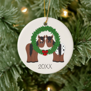 Personalized Cute Horse Couple Christmas Wreath Ceramic Ornament