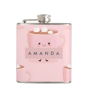 Personalized Cute Hot Cocoa with Marshmallows Hip Flask