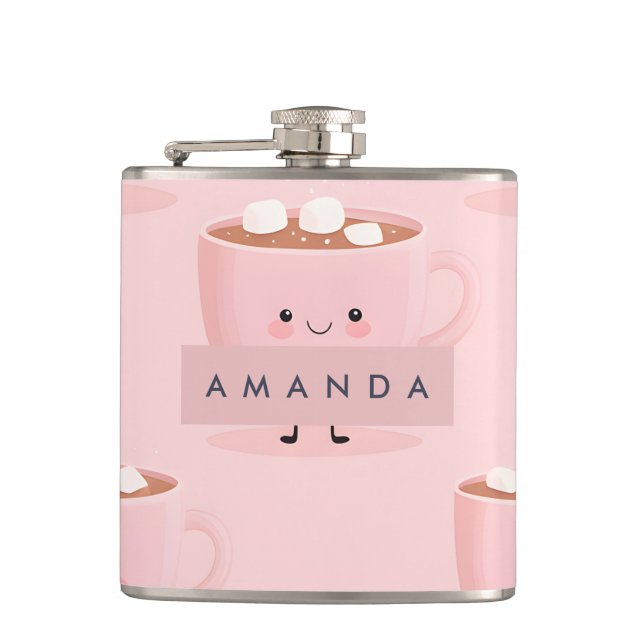 Personalized Cute Hot Cocoa with Marshmallows Hip Flask (Front)