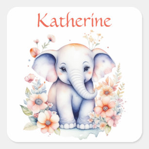 Personalized Cute Illustration of a Baby Elephant Square Sticker