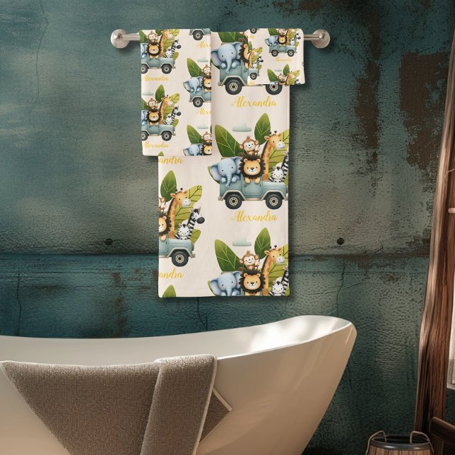 Personalized Cute Jungle Animals Kids  Bath Towel Set (Creator Uploaded)