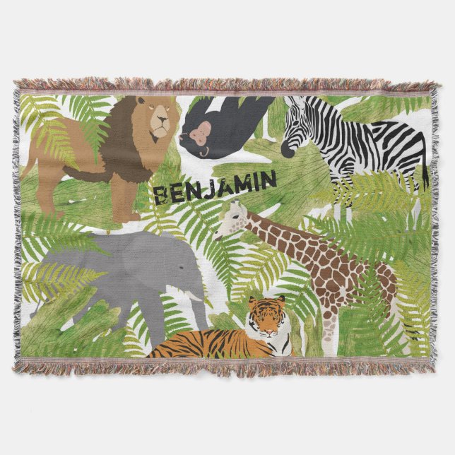 Personalized Cute Jungle Animals Safari Boy | Girl Throw Blanket (Front)
