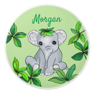 Personalized Cute Jungle Baby Elephant with Leaves Ceramic Knob