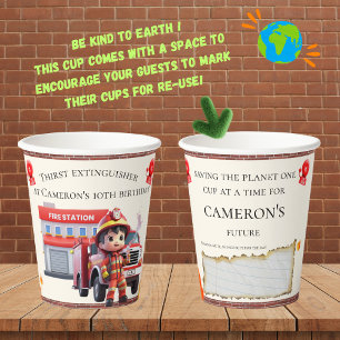 Personalized Cute Kawaii Boy Firefighter Birthday Paper Cups