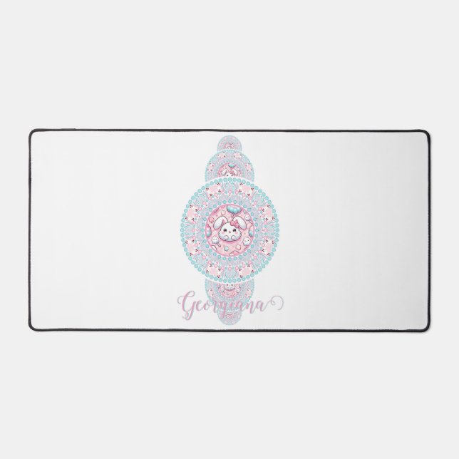 Personalized Cute Kawaii Bunny Ornamental Mandala Desk Mat (Front)