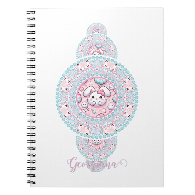 Personalized Cute Kawaii Bunny Ornamental Mandala Notebook (Front)